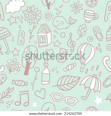 Vector seamless baby pattern with cute elements, houses,trees, umbrella,leaves,whale,cups,hearts