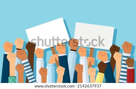 Group of fists raised in air. Group of protestors fists raised up in the air vector illustration Royalty-Free Stock Photo #2142637937