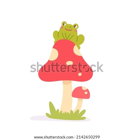 Funny green adorable frog sitting on fly agaric mushrooms vector illustration. Cartoon cute forest toad and toadstools, childish decoration with water swamp animal and wild plant isolated on white Royalty-Free Stock Photo #2142650299