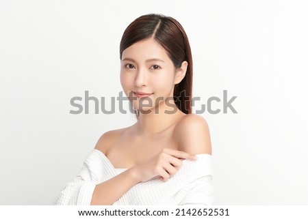 Beautiful young asian woman with clean fresh skin on white background, Face care, Facial treatment, Cosmetology, beauty and spa, Asian women portrait. Royalty-Free Stock Photo #2142652531
