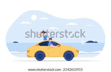 A young man goes to the beach with his girlfriend by car. He drove a scenic drive along the beach. Cartton vector flat illustration
