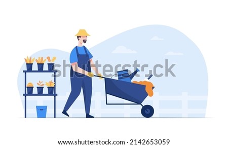 Gardener working in yard scenes. Farmers push a wheelbarrow carrying equipment to plant trees in the garden. On the shelf were placed plants in pots. Vector illustration character flat design.