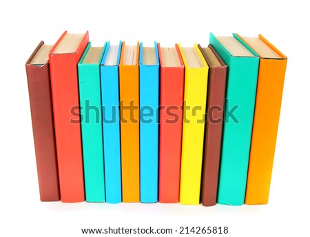 Multi-coloured books. On a white background.