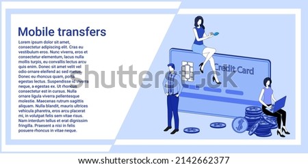 Mobile transfers.Use of mobile applications for cash payments.The illustration in the style of the landing page is blue.