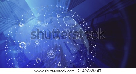 Creative glowing sphere hologram on blue city wallpaper. Metaverse and future concept. Double exposure