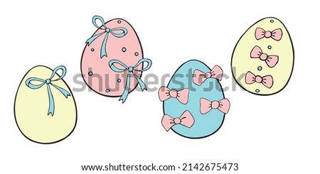 Set of vector colorful ornamental easter eggs with bows. Holiday illustrations, clip art in hand drawn doodle flat style for greeting cards, festive design