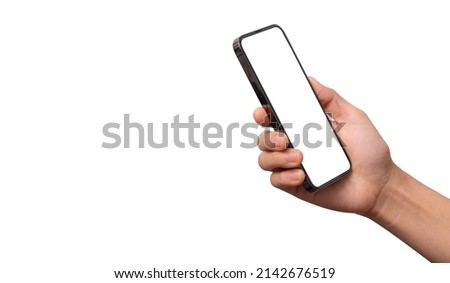 Studio shot of Hand holding Smartphone with blank screen for Infographic Global Business web site design app, - Clipping Path	
