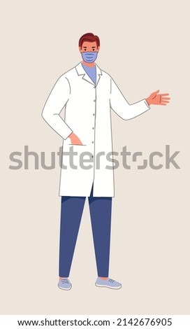 Doctor character. Hospital employee. Physician, surgeon, pharmacist, dentist in medical uniform. Illustration isolated on white background. Flat cartoon vector.
