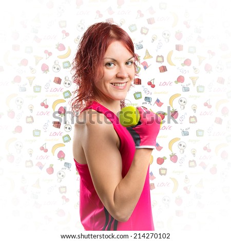 Woman doing weight lifting over cute backgrounds