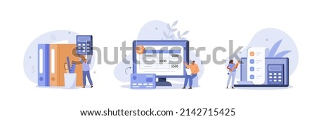 Budget bookkeeping illustration set. People  doing paperwork. Characters accounting debit and credit, calculating bills and income taxes. Financial management concept. Vector illustration. Royalty-Free Stock Photo #2142715425