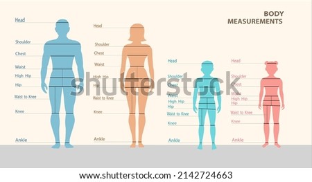 Man, woman, boy and girl Size Chart. Human front side Silhouette. Isolated on White Background. Vector illustration.