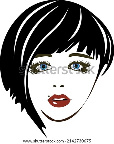 Woman's face with red lips. Vector fashion illustration. Black and white silhouette