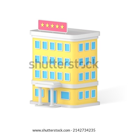 Modern yellow five stars hotel building exterior travel destination apartment 3d icon realistic vector illustration. Street architecture business resort landmark touristic service front side view Royalty-Free Stock Photo #2142734235