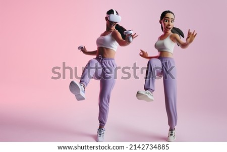 Cheerful young woman partying as a 3D avatar in the metaverse. Happy young woman dancing and having fun while wearing virtual reality goggles. Woman enjoying a 3D simulation in a studio. Royalty-Free Stock Photo #2142734885