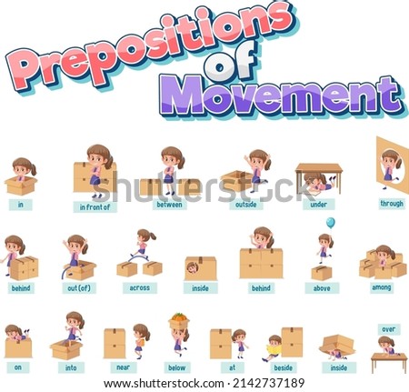 Preposition wordcard with girl and boxes illustration