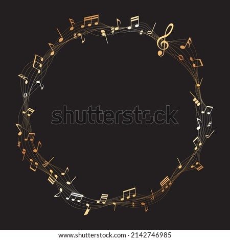 gold colored vector sheet music round frame - musical notes melody on black background