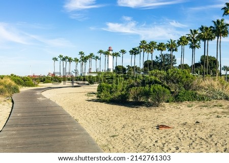 Lighthouse with palms at Long Beach, California, USA