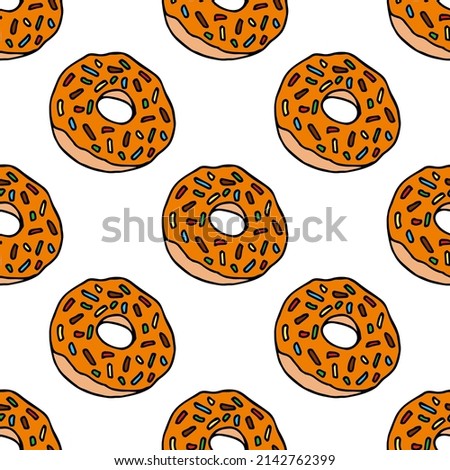 Seamless pattern with orange donuts on white background. Vector image.