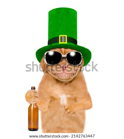 St Patrick's Day concept. Funny mastiff puppy wearing sunglasses and hat of the leprechaun with bottle of beer. isolated on white background