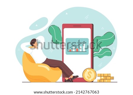 Passive income and market investing flat vector illustration. Investor man relax in chair and get money profits, stock dividends. Remote freelance work or trading online. Financial freedom concept.