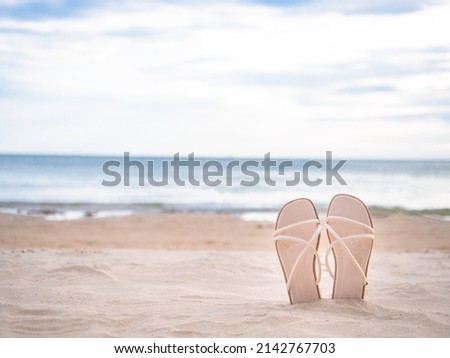 Woman shoe on the beautiful beach blue ocean and sky background copy space