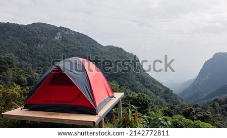 tent camping viewpoint and valley mountain range and fog background at morning chaing rai thailand
