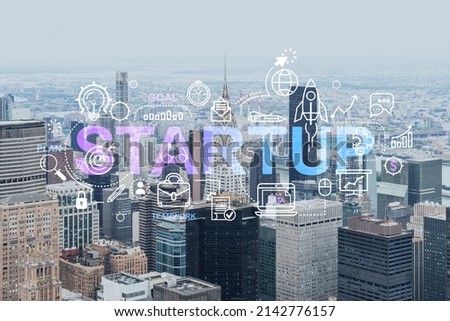 Aerial panoramic city view of Upper Manhattan area, East Side, river and Brooklyn on horizon, New York city, USA. Startup company, launch project to seek and develop scalable business model, hologram