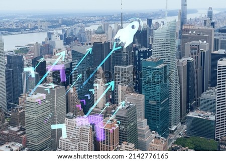 Aerial panoramic city view of Time Square area, Manhattan West Side and the Hudson River, New York city, USA. Startup company, launch project to seek and develop scalable business model, hologram