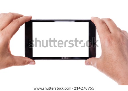 human hands taking photo with a mobile phone isolated over a white background