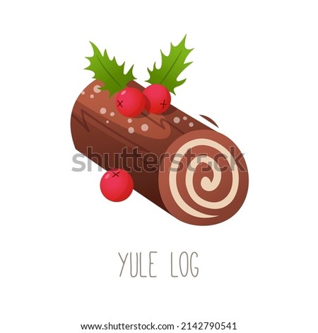Collection of cakes, pies and desserts for all letters of alphabet. Letter Y - yule log cake. Roll of chocolate sponge cake with butter cream. Dessert decorated with holly Isolated vector illustration Royalty-Free Stock Photo #2142790541