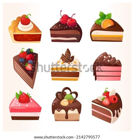 Bakery and pastry desserts with chocolate vanilla caramel and strawberry cherry flavours. Vector isolated images of cakes and pie decorated with fruit, chocolate nuts. Cute icons for menu designs. 