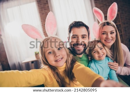 Self-portrait of beautiful handsome cheerful family having fun domestic party festal event wear costume rest indoors
