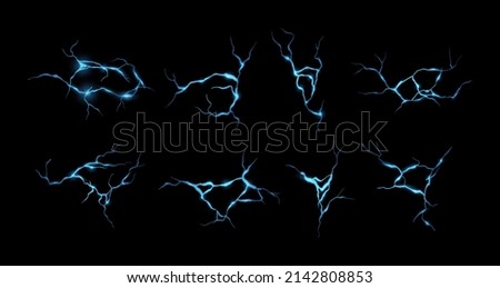 Ground cracks with blue light inside. Vector realistic set of lightnings, thunderbolt, cracks in the ground, frozen water, neon fissure, earthquake. Top view. Land destruction texture. Kintsugi style