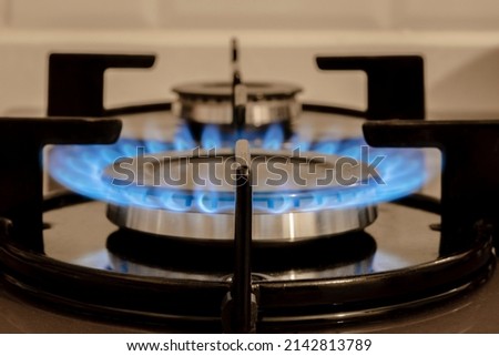 Flame On  Stove burner, close-Up Of Gas Stove Burners. Selective focus burner.  Selectice Focus Front view.
