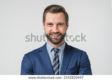 Closeup portrait of caucasian handsome businessman freelancer boss ceo tutor teacher manager in formalwear suit smiling isolated in white background Royalty-Free Stock Photo #2142820447