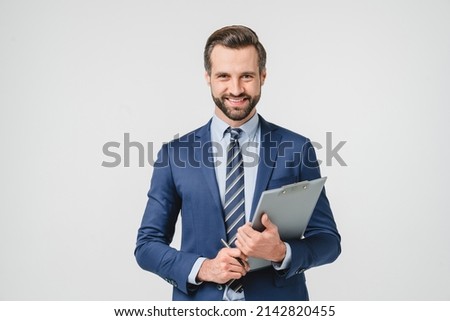 Male auditor inspector examiner controller businessman writing on clipboard, checking the quality of goods and service looking at camera isolated in white background Royalty-Free Stock Photo #2142820455