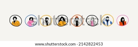 Various portraits of men and women. Diverse stylish people in trendy clothes. Korean japanese asian cartoon style. Hand drawn modern Vector illustration. Templates for social media icons, avatars