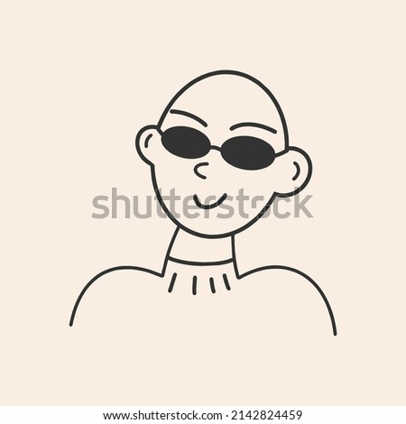 Vector illustration of a bald man in sunglasses. Black and white icon. Flat design, cartoon, vector illustration. All elements are isolated.