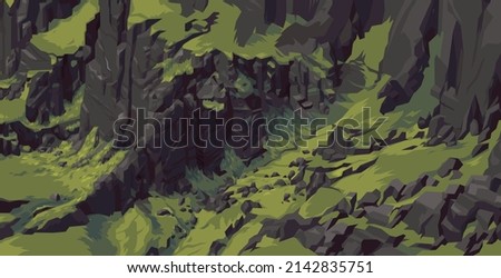 Rocky rocks on slope. Scandinavian background of rough rocks with greenery imh. A rock or stony slope or wall. Flat picture rough rocks on slope. Wild rocky terrain canyon. Vector illustration of rock Royalty-Free Stock Photo #2142835751