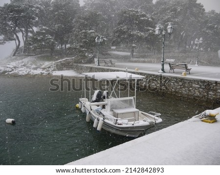 Results of the snowstorm in Skiathos Island in March 2022. Snow on beach sand. Tree branches with colorful flowers and snow. Seagulls following boat in snowstorm. Uncommon pictures for Climate change.
