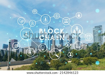 Chicago skyline from Butler Field towards financial district skyscrapers, day time, Chicago, Illinois, USA. Parks and gardens. Decentralized economy. Blockchain and cryptography concept, hologram