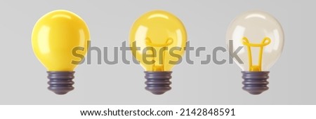 3d yellow light bulb icon set isolated on gray background. Render cartoon style minimal yellow, transparent glass light bulb. Creativity idea, business success, strategy concept. 3d realistic vector Royalty-Free Stock Photo #2142848591