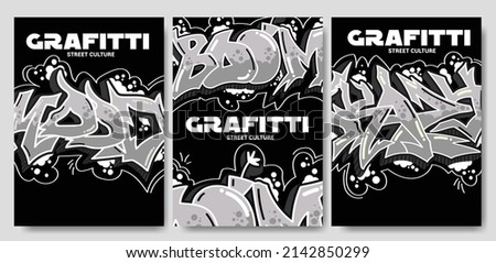 Collection of trendy vector posters with graffiti and splatter elements on isolated background