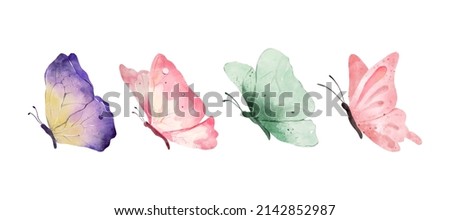 Colorful butterflies watercolor isolated on white background. Purple, Pink, Yellow and Green butterfly. Spring animal vector illustration