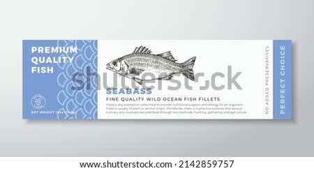 Premium Quality Seabass Vector Packaging Label Design. Modern Typography and Hand Drawn Fish Silhouette Seafood Product Background Layout