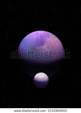 Exoplanet with satellite, sci-fi background. Planet with atmosphere has a moon. Alien planet in space in bright colors. 