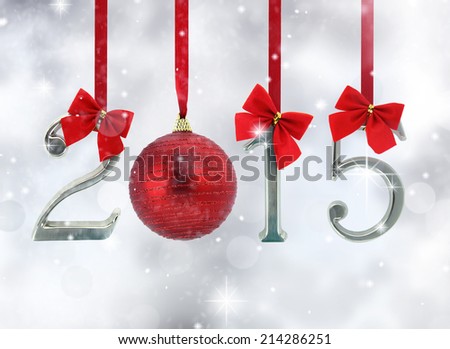 2015 number ornaments hanging on red ribbons in a glittery background 