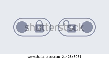 Neumorphic lock and unlock slide buttons set vector illustration. User web interface elements with shadow in Neumorphism minimal elegant design, open and closed padlock on sliders of website menu Royalty-Free Stock Photo #2142865031
