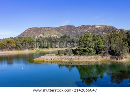 Morning view of Hollywood reservoir with Hollywood sign at Los Angeles, California