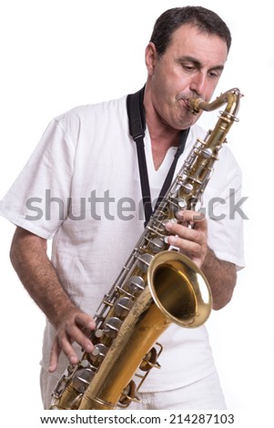 musician with saxophone isolated in white background